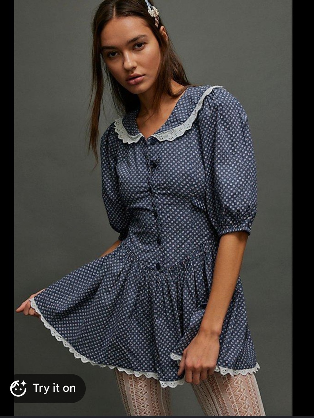 Free People Navy-Gray Printed Mini Dress with Lace Collar